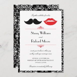 Invitation Moustache et lèvres rouge, noir et blanc Mariage d