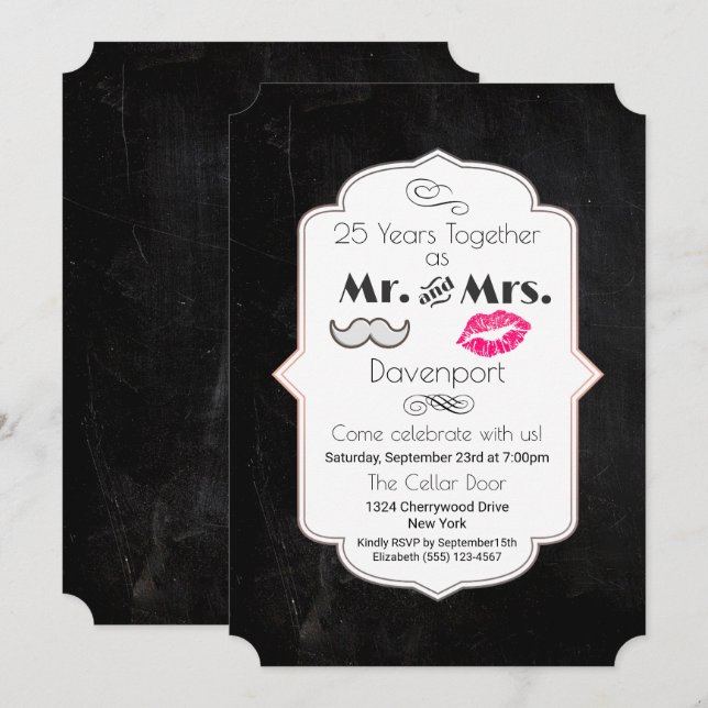 Invitation Moustache & Lèvres M. & Mme - Anniversaire de mari (Devant / Derrière)