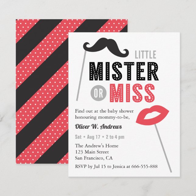 Invitation Moustache lèvres Props Baby shower de révélation d (Devant / Derrière)