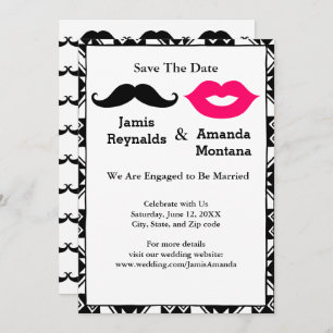 Invitation Moustache noire et lèvres roses Couple Enregistrer