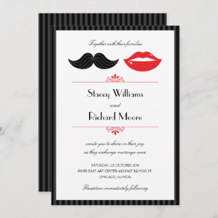 Invitation Moustache rouge, noir et blanc et Mariage des lèvr