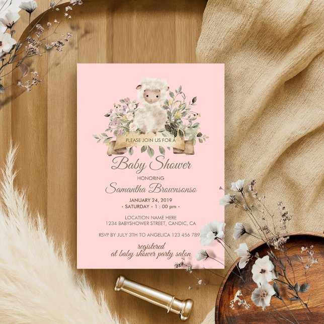 Invitation Mouton agneau mignon fleur rose (Créateur téléchargé)