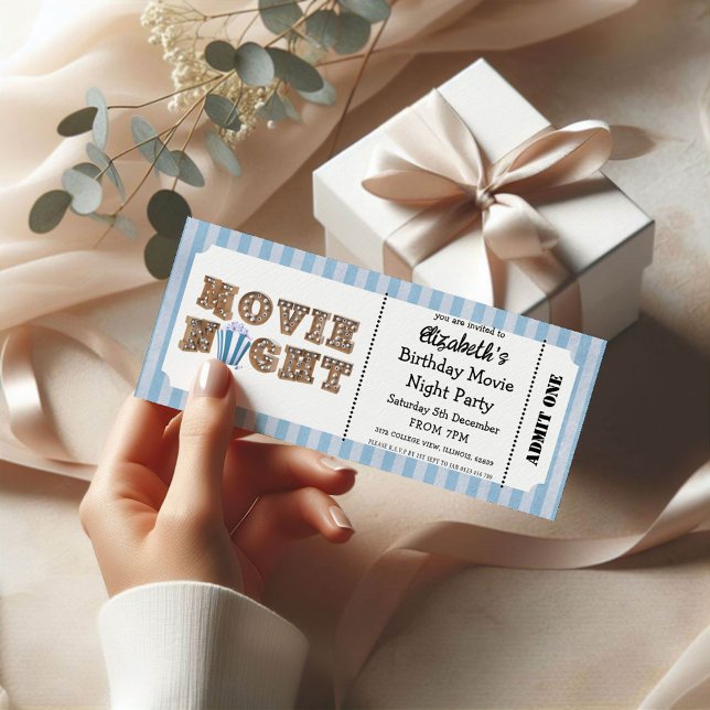 Invitation Movie Night Birthday Party Blue Ticket Style  (Créateur téléchargé)