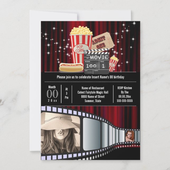 Invitation Movie thème 2 photo strip cinéma popcorn fête (Devant)