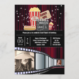 Invitation Movie thème 2 photo strip cinéma popcorn fête