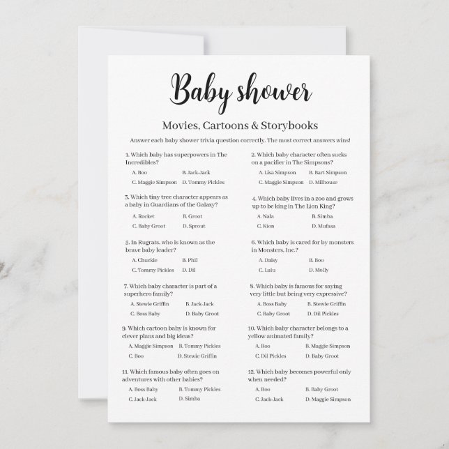 Invitation Movies Cartoons Storybooks Baby Shower Trivia Game (Devant)
