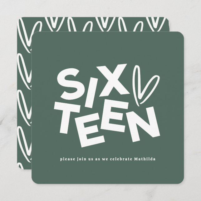 Invitation Moyenne moderne sauge typographie verte 16e annive (Devant / Derrière)