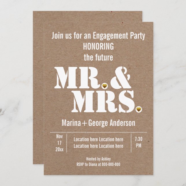 Invitation Mr & Mrs typographie kraft mariage (Devant / Derrière)