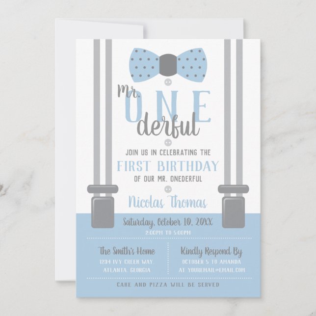 Invitation Mr. ONEderful Birthday Invitation, bleu, gris (Devant)