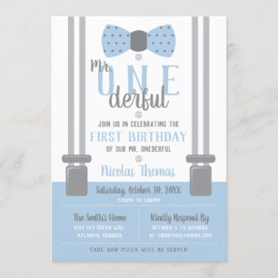 Invitation Mr. ONEderful Birthday Invitation, bleu, gris