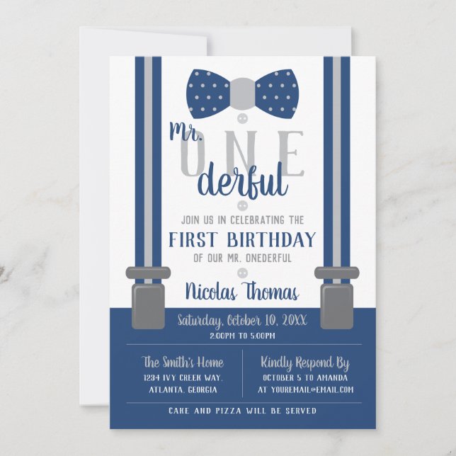 Invitation Mr. ONEderful Birthday Invitation, bleu, gris (Devant)