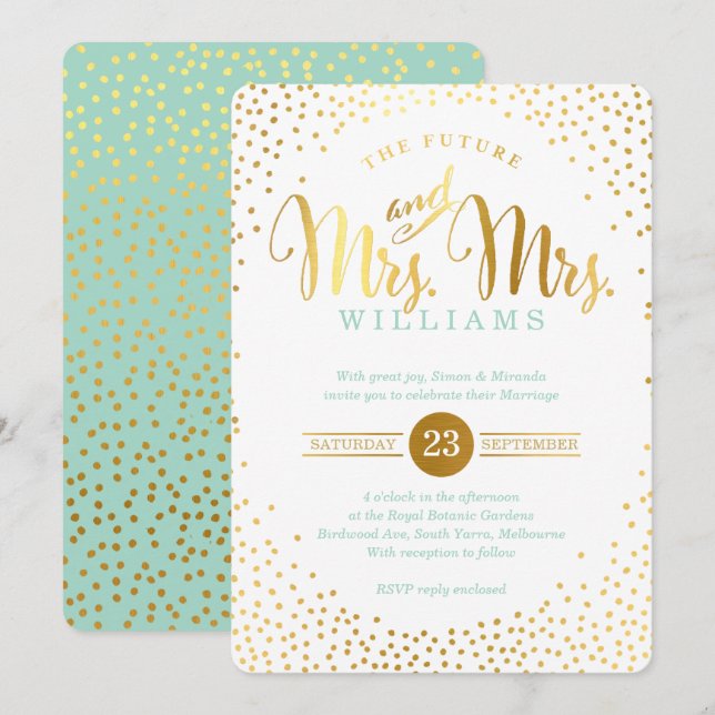 Invitation MRS & MRS STYLISH GLAM MARIAGE en or confetti ment (Devant / Derrière)