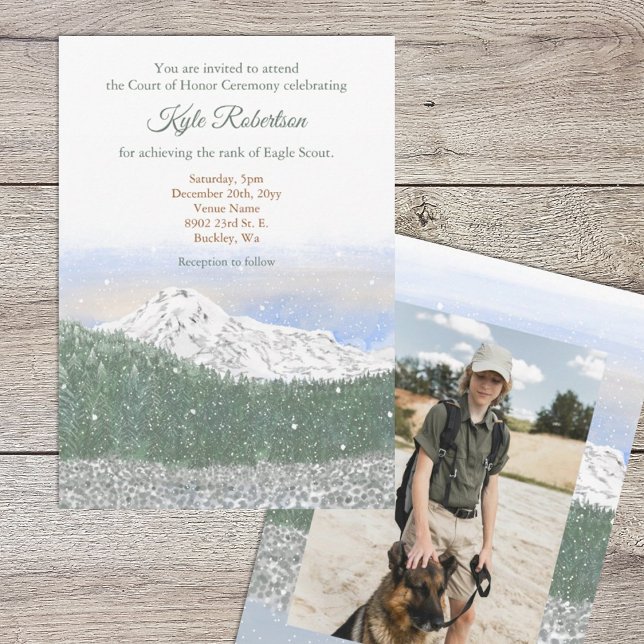 Invitation Mt. Rainier, Eagle Scout, Court of Honor Ceremony (Eagle scout court of honor invitation with mountains, trees and snow landscape, photo on back)
