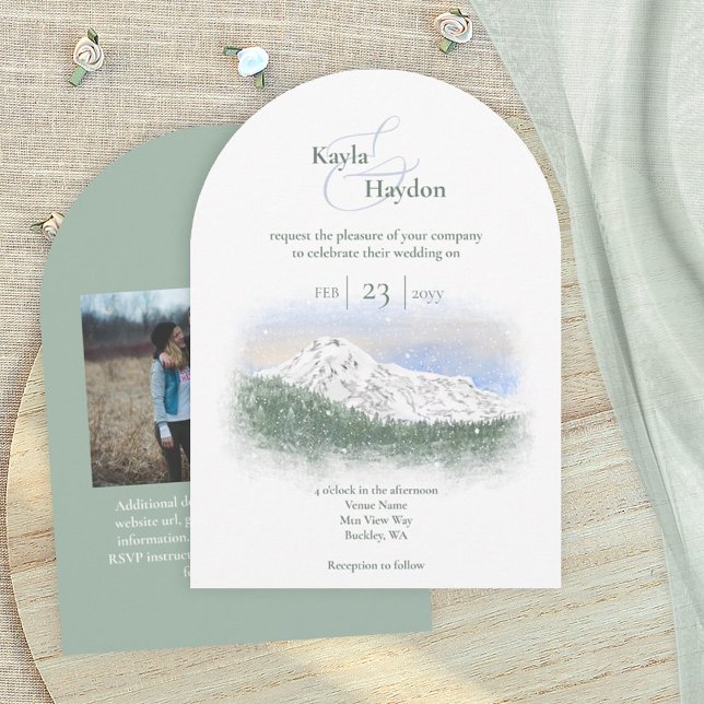 Invitation Mt. Rainier, Falling Snow Winter Wedding (Mt. Rainier, mountain wedding invitation card, spruce pine trees forest, pacific northwest theme)