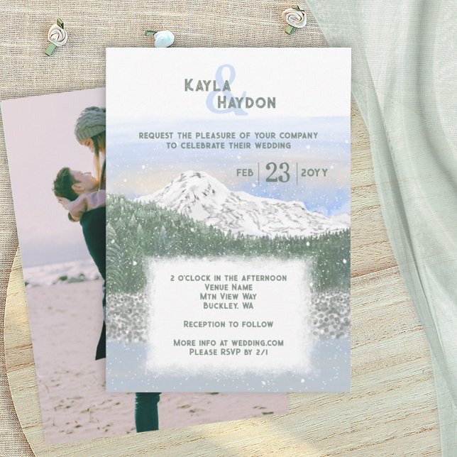 Invitation Mt. Rainier, Falling Snow Winter Wedding (Mt Rainier National Forest, mountain wedding invitation card, snow, winter, pacific northwest)