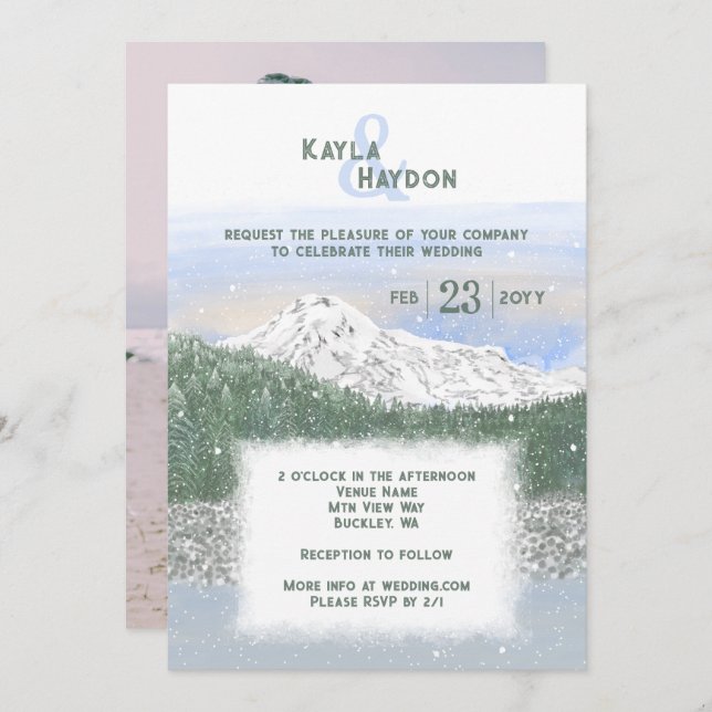 Invitation Mt. Rainier, Falling Snow Winter Wedding (Devant / Derrière)