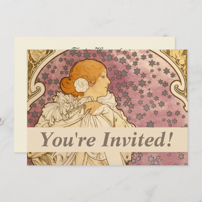 Invitation Mucha Art nouveau femme beauté (Devant / Derrière)
