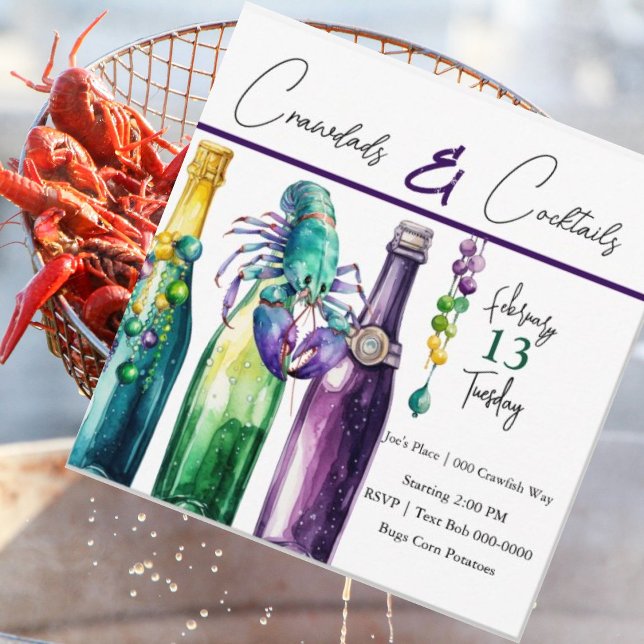 Invitation Mudbugs, Crawfish et Cocktails Mardi Gras Style (Crawdads and cocktails brightly colored party invitation you customize. Mudbugs and mardi gras. )