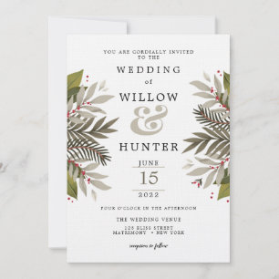 Invitation Muet Botanique Moss Gris & Mariage Rouge