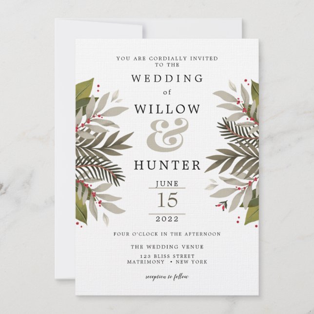 Invitation Muet Botanique Moss Gris & Mariage Rouge (Devant)