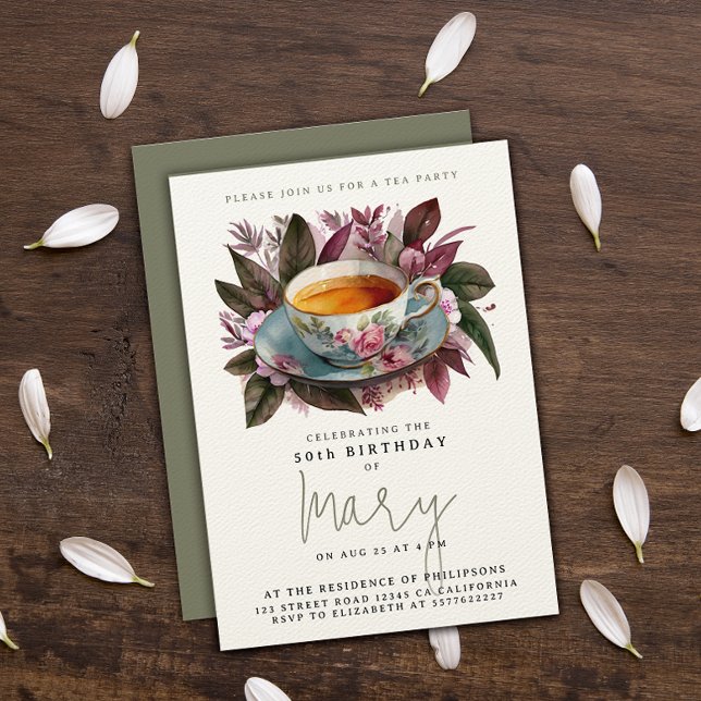 Invitation Mug de thé vert élégant floral aquarelle  (Créateur téléchargé)