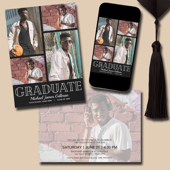 Invitation Multi Photo Black Graduation Party (Multi Photo Black Graduation Party Invitations - PRINTED and/or INSTANT DOWNLOAD)