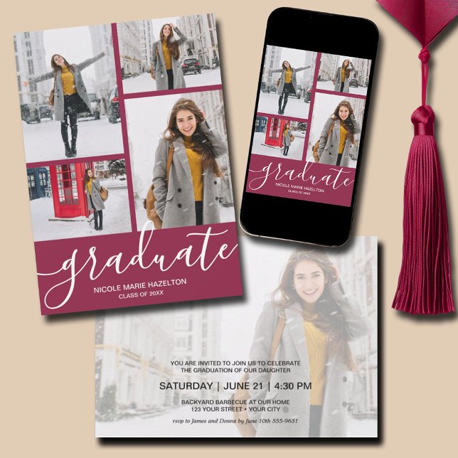 Invitation Multi Photo Graduation Party (Multi Photo Maroon Graduation Party Invitations - PRINTED and/or INSTANT DOWNLOAD)