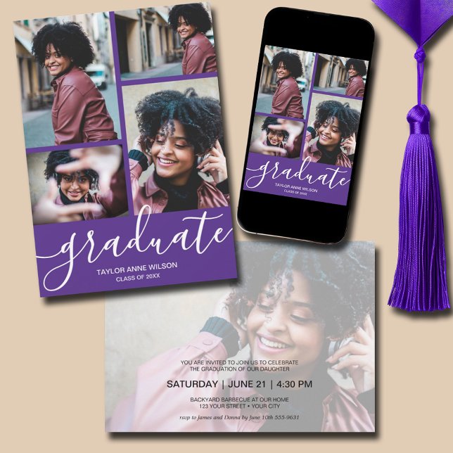 Invitation Multi Photo Purple Graduation Party (Multi Photo Purple Graduation Party Invitations - PRINTED and/or INSTANT DOWNLOAD)