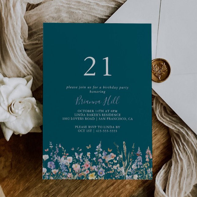 Invitation Multicolor Fleur sauvage Green 21e fête d'annivers (Créateur téléchargé)