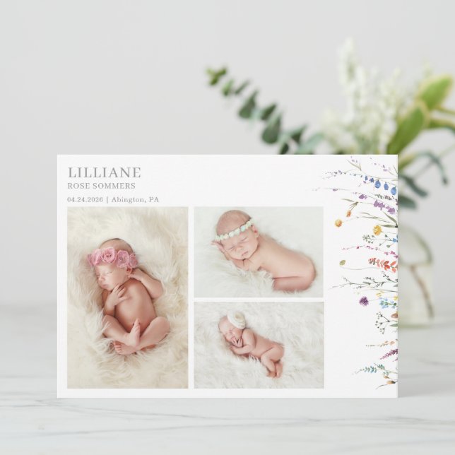 Invitation Multicolor Wildflower Baby Photo Announcement Card (Debout devant)