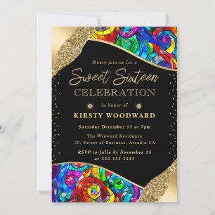 Invitation Multicolore et verre teinté or Sweet Sixteen