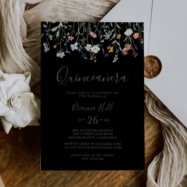 Invitation Multicolore sauvage Floral Noir Quinceañera (Créateur téléchargé)