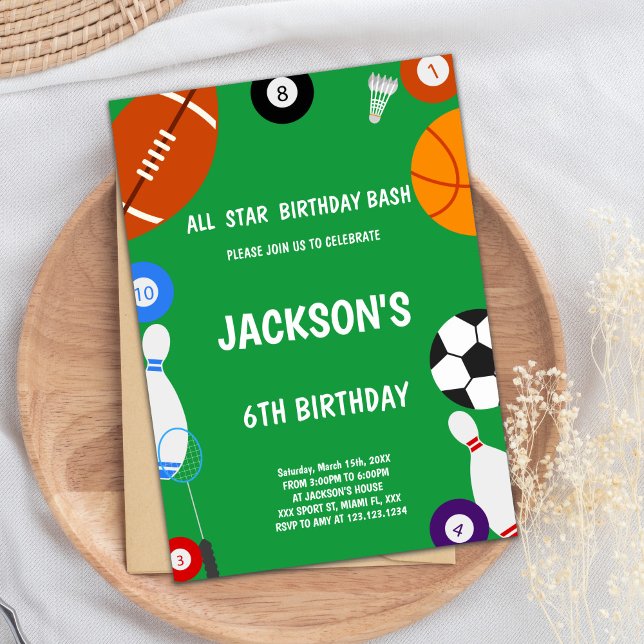 Invitation multisport All-Star All-Sport Boys (Green Sports Birthday Invitations)