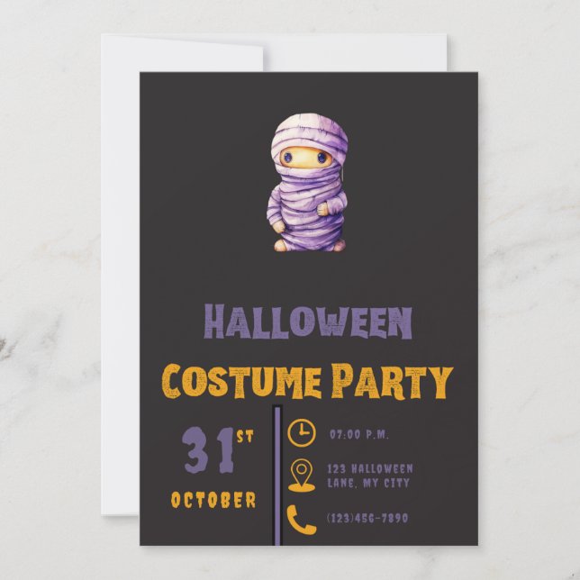 Invitation Mummy blanche et violette Halloween noir moderne (Devant)