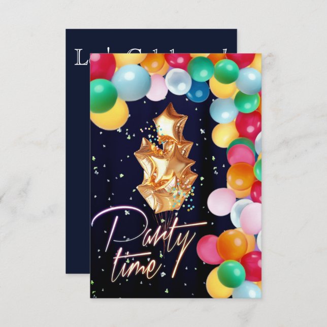 Invitation Mur de ballons de fête avec rideau bleu pailleté (Devant / Derrière)