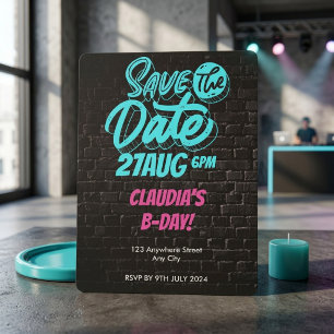Invitation Mur de graffiti urbain cyan rose moderne anniversa