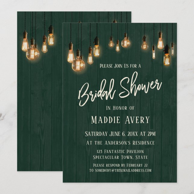 Invitation Mur en bois vert avec Fête des mariées Edison Lumi (Devant / Derrière)
