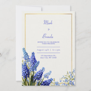 Invitation Muscari Bleu Cobalt Cadre Botanique Or Mariage