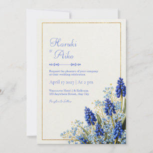 Invitation Muscari Bleu Cobalt Cadre Botanique Or Mariage