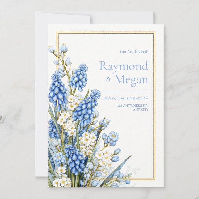 Invitation Muscari Bleu Fleur Blanche Cadre Doré Mariage (Devant)