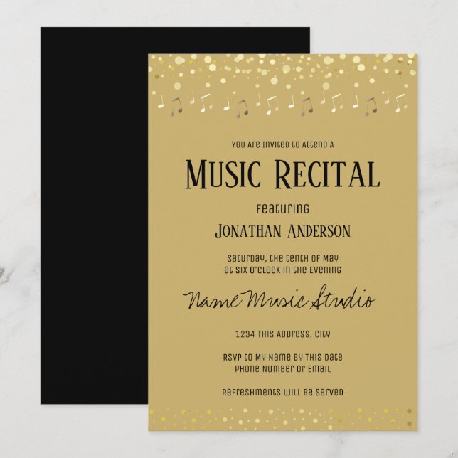 Invitation Music Considérant Elegant Gold Note Confetti  (Devant / Derrière)