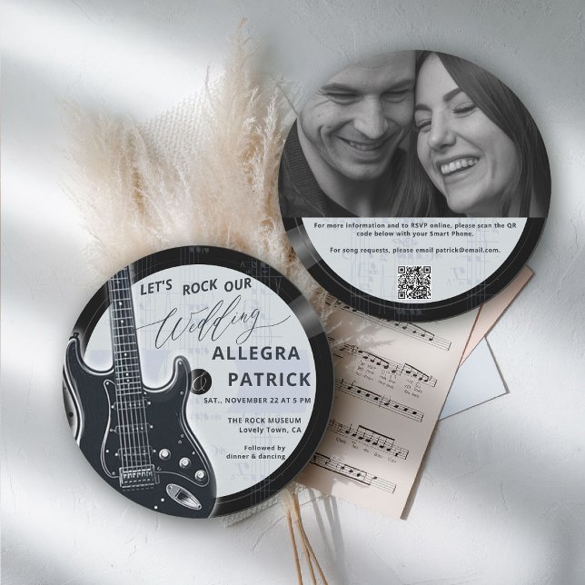 Invitation Music Lover All One Photo QR Rock Our Mariage (music theme wedding invitation rock vinyl record black blue white photo qr code all one guitar)