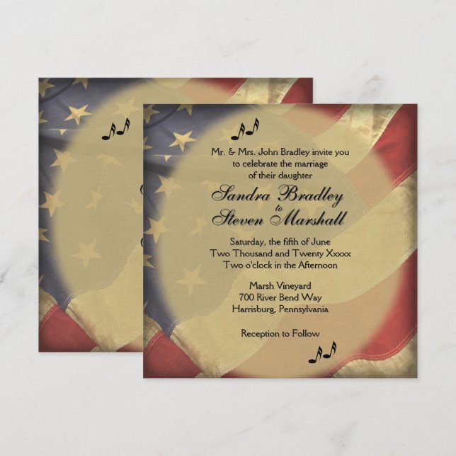 Invitation Music on Distressed American Flag Theme Wedding   (Devant / Derrière)