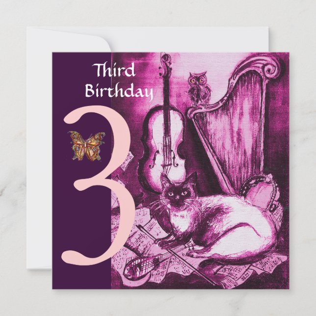 Invitation MUSICAL CAT Rose Fuchsia Troisième fête d'annivers (Devant)