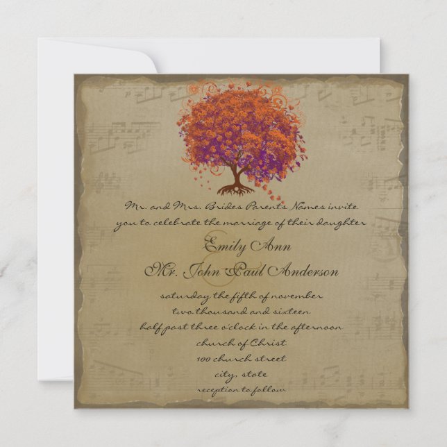 Invitation Musical Gold Orange Plum Heart Leaf Mariages (Devant)
