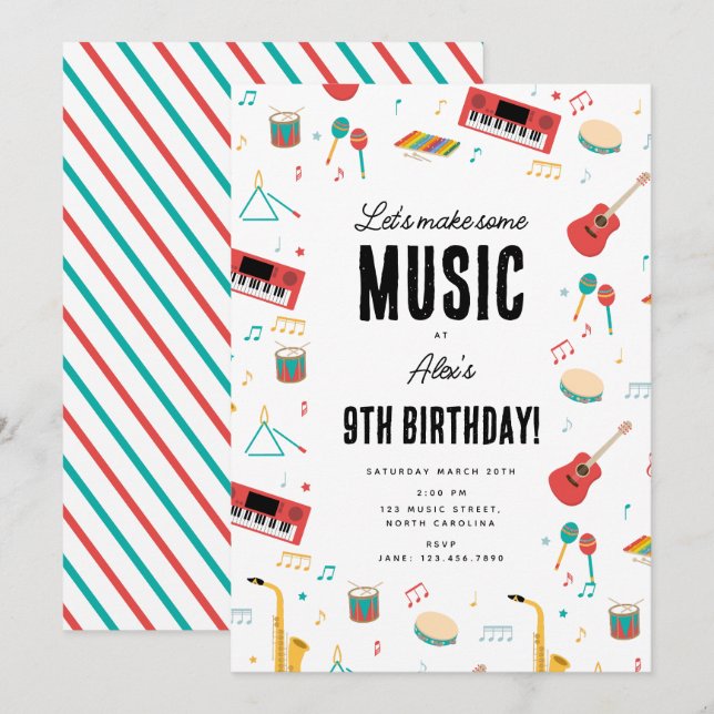 Invitation Musical Instruments Music Theme Birthday Party (Devant / Derrière)
