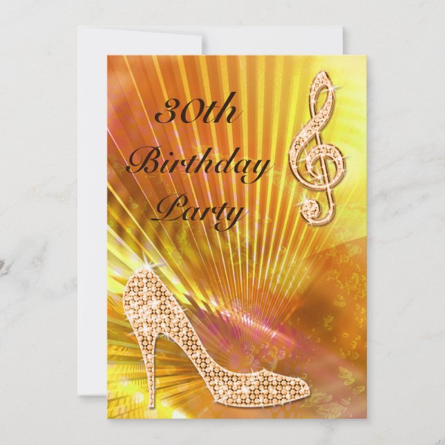 Invitation Musical Note Orange Pailleté & Stiletto 30 ans (Devant)