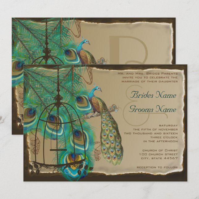 Invitation Musical Peacock Bird Cage Plumes Parchemin Brûlé (Devant / Derrière)