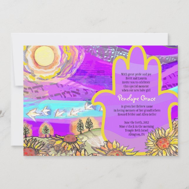 Invitation musicale Hemsa Baby Naming Hebrew (Devant)