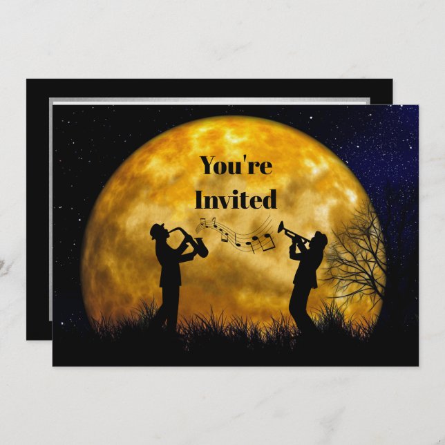 Invitation Musiciens Pleine lune Aquarelle Anniversaire (Devant / Derrière)